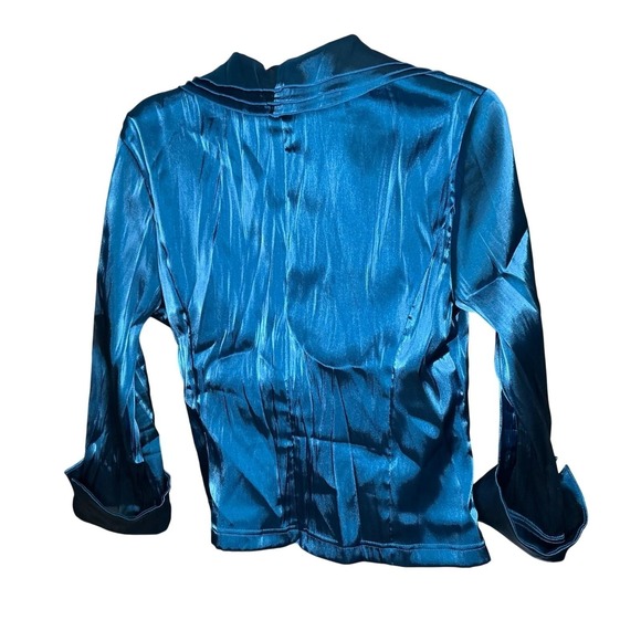 Cachet Blue Teal Satin Surplice Evening Blouse Ruched Waist 3/4 Sleeve Size 14 - Picture 3 of 10